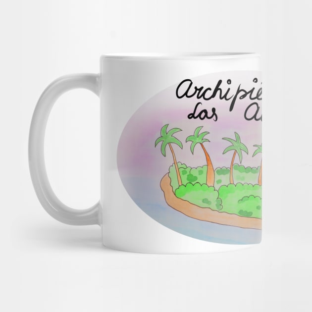 Archipiélago Las Aves watercolor Island travel, beach, sea and palm trees. Holidays and rest, summer and relaxation by grafinya